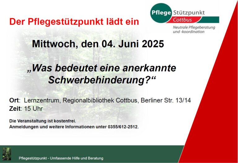 Der Pflegestützpunkt lädt ein: „Was bedeutet eine anerkannte Schwerbehinderung?“